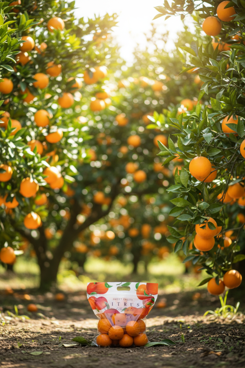 Plastic bags with oranges on a wooden surface