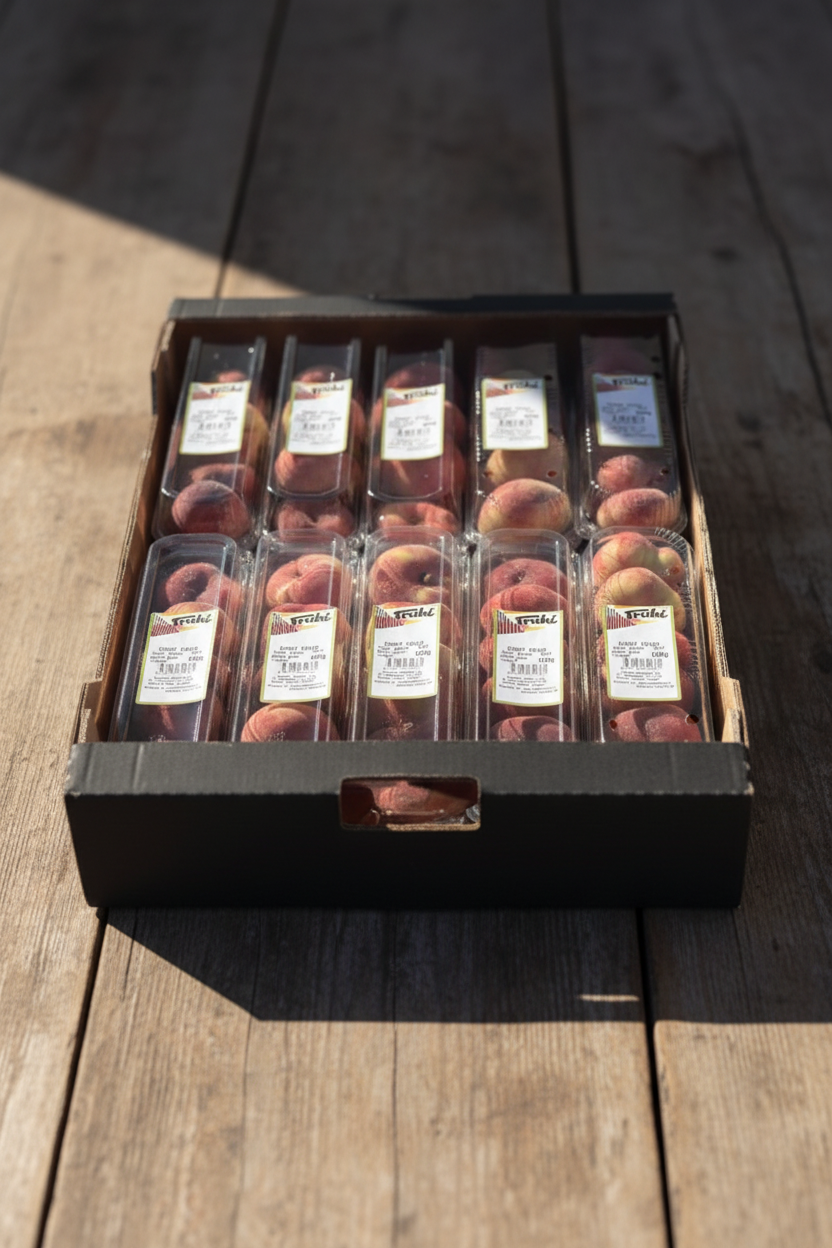 Carton of peaches in plastic packaging with 'Fruit of the Loom' labels.